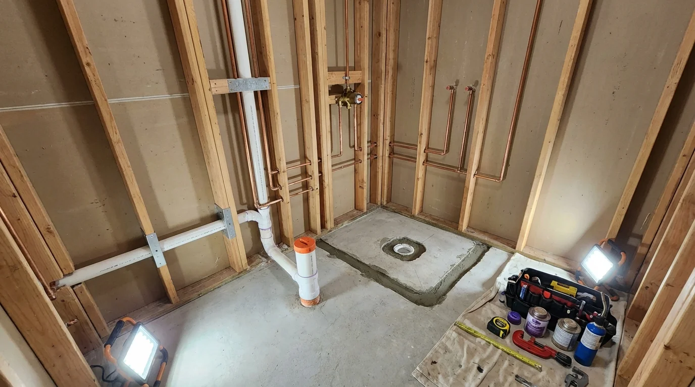 Bathroom rough-in plumbing during remodel by Johns Plumbing LLC in Charlevoix