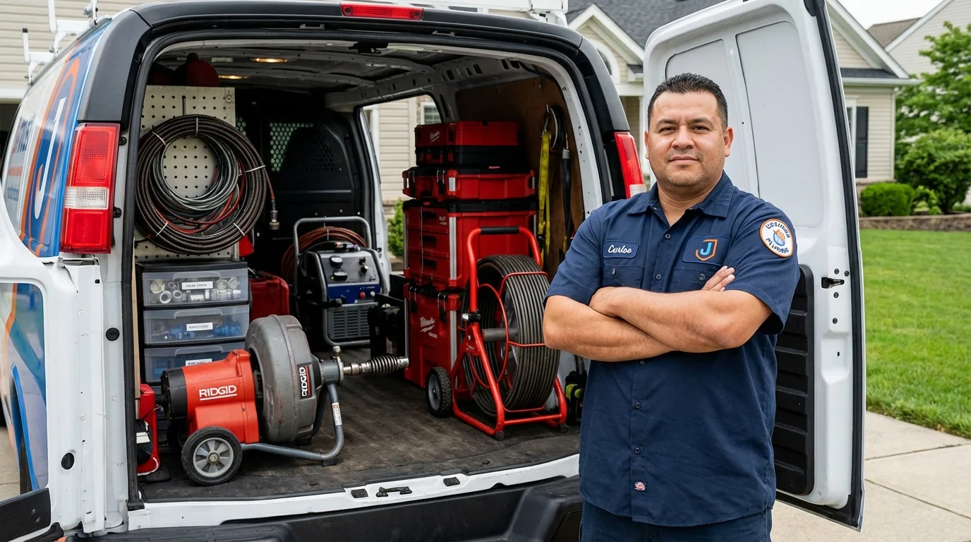 Professional drain cleaning equipment and Johns Plumbing LLC plumber in Charlevoix