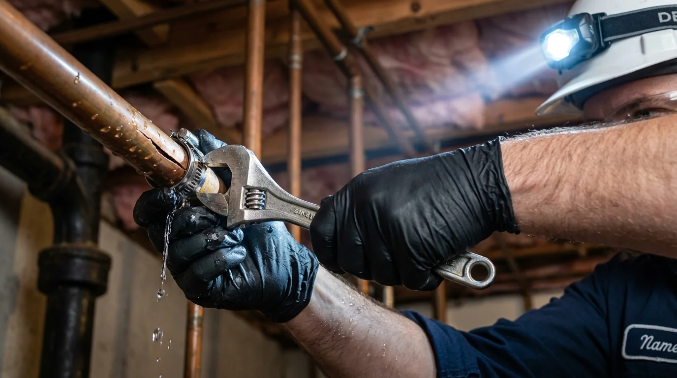 Emergency pipe clamp repair being performed by a Johns Plumbing LLC plumber in Charlevoix