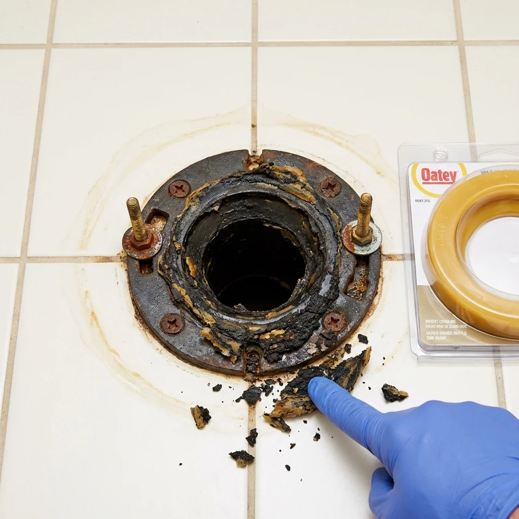 Failed wax ring showing water seepage at the base of a toilet in a Charlevoix, MI home