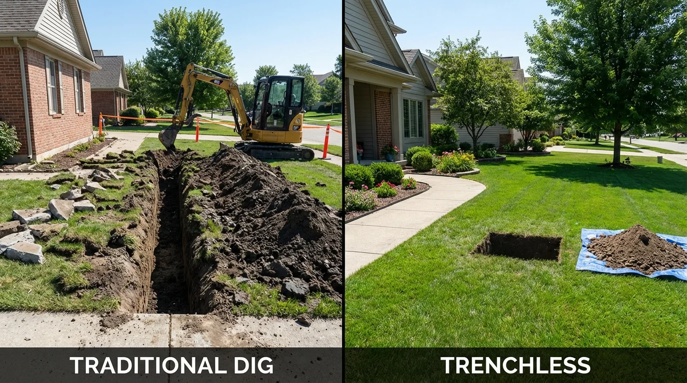 Trenchless sewer repair with minimal yard damage versus traditional excavation in Charlevoix, MI