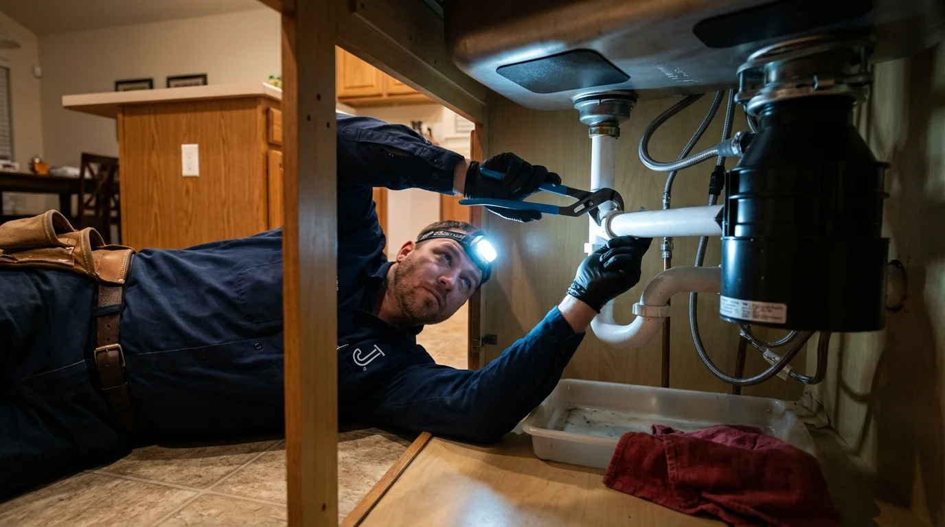 P-trap and supply line connections under a kitchen sink showing a common leak point in Charlevoix, MI